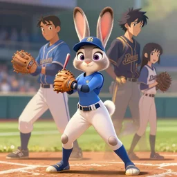 beautiful portrait of a female anthropomorphic rabbit fursona baseball player. character design by disney, charlie bowater, ross tran, artgerm, and makoto shinkai, detailed, soft lighting, rendered in octane