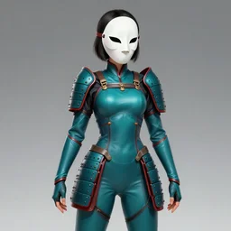 female adventurer in tight full - body teal leather armor of japanese design with red accents and a white porcelain crow mask, trending in artstation, japanese, by sakimichan establishing shot