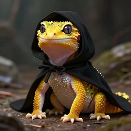 yellow humanoid gecko lizard ; wearing a black wool cloak ; hood pulled over head ; large eyes ; yellow skin ; fantasy race ; dungeon master ; trending on artstation ; digital art ; hyper realistic