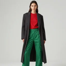 supermodel wearing a red top, green cargo pants, long tailored coat by moebius