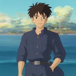 ocean, attractive male, in the style of studio ghibli, j. c. leyendecker, greg rutkowski, artem