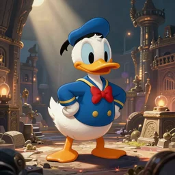 donald duck, in a lost ancient city, by carl barks, atmospheric lights