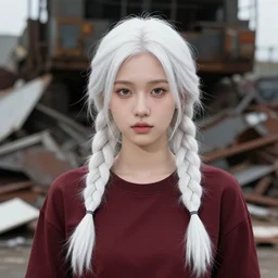 8 5 mm young woman portrait, scrapyard, braided white hair, clothing, richard avedon, martin schoeller, victor ngai, id magazine, epic scene, david cronenberg, kilian eng vibrant colours, dynamic lighting, intricate illustration, detailed, emanuele dascanio, dan mumford, artstation, greg rutkowski, sharp focus, photoreal, 8 k