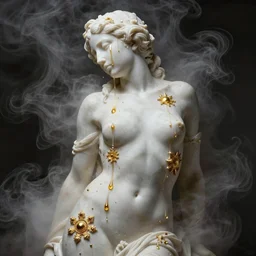 a sculpture of a person with flowing golden tears, fractal flowers on the skin, a marble sculpture by nicola samori, behance, neo - expressionism, marble sculpture, apocalypse art, made of mist