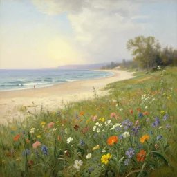 a remote beach, perfect spring day with, colorful wildflowers, painting by albert bierstadt, early morning light