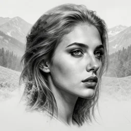 tattoo design sketch of a beautiful woman face with a faded background of beautiful mountain nature on her side, hyper - realistic, double exposure with amazing nature, in the style of den yakovlev, amazing detail, black and white, faded