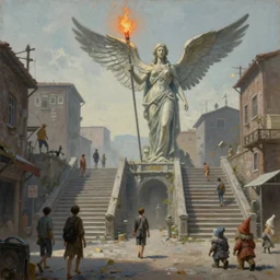 Painting of a poor human fantasy city, a few humans and dwarves walking on the streets. Two large stairs leads to a big woman statue with spear and wings and the fire lights on the spear