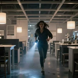 woman holding a flashlight running through a closed ikea interior, cinematic lighting, furniture, store interior, night, terrifying, landscape, fog, artstation