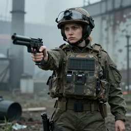 girl on Chernobyl, multicam uniform, holding a gun, cinematic photography, epic composition