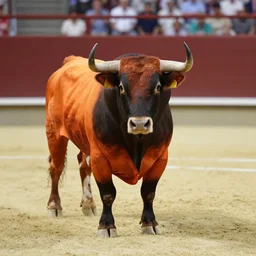 bull wearing orange inmate clothes in a bullring