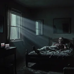 dark rooms at midnight, harsh light from window, mirrors and glass, cassette futurism, cosmic horror, monster under my bed, atmospheric haze, film. illustration by edward hopper, norman rockwell. film still, 1 6 mm cinematography