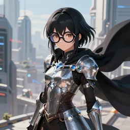 portrait of a female anime hero looking over a futuristic city, wearing big black circle glasses, a flowing black cape and diamond armor, art by artgerm, fantasy art
