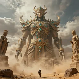 epic view of an ancient Desert surrounded by clouds, Giant imposing biomechanical Djinn covered in jewels, ornate, beautiful biomechanical Djinn, full of strange statues and murals, full of smoke and dust, hyper real, Indiana Jones, Tomb Raider, trending on artstation, concept art, cinematic, jewels, by Greg Rutkowski