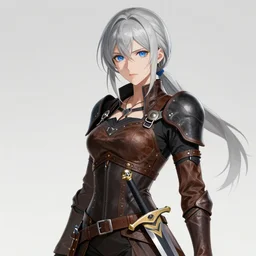 a female adventurer in leather armor with a sword attached to her hip, anime style, character sheet, concept art, silver hair, detailed face, artstation, trending, masterpiece, sharp focus, blue eyes, leather shoulder pad, art by hiro mashima, stunning, high resolution, beautiful