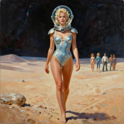 a mixed media painting of a beautiful blonde woman walking on an alien desert planet, elegant, aesthetic!!! symmetrical face and eyes, piercing gaze, eighties pinup style, photorealistic, curvy, model, 6 0's cartoon - glass - helmet and futuristic swimsuit, epic sci - fi character art, full length, by frank frazetta, donato giancola, boris vallejo, beeple, greg rutkowski, christian macnevin, high fantasy, prometheus, cgsociety, exquisite detail, post - processing, masterpiece, cinematic