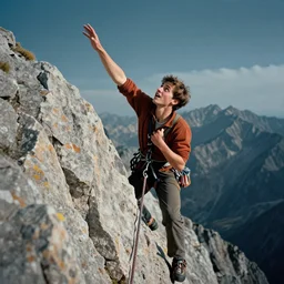 a young climber about to reach the top of a mountain, positive, energetic, enthusiasm, detailed, cinematic, dramatic lighting, by laszlo moholy - nagy