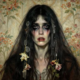 a beautiful and eerie baroque painting of a beautiful but sinister man in layers of fear, with haunted eyes, 1 9 7 0 s, seventies, floral wallpaper, wilted flowers, a little blood, morning light showing injuries, delicate embellishments, painterly, offset printing technique, by brom, robert henri, walter popp