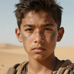 a detailed portrait of a tan boy with a face tattoo in the desert, fantasy art illustration, incredibly highly detailed and realistic, 8 k, sharp focus