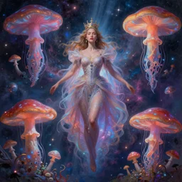 portrait of queen of dreams, extremely beautiful is floating and merging among many nebula stars with lots of gigantic mushrooms and jellyfish, symmetrical composition, by gediminas pranckevicius, jacek yerka, rob gonsalves, peter gric, digital painting, octane rendered, crepuscular rays, neon colors vibrant colors, trending on artstation