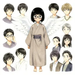 concept art of a cute japanese girl with wings and short black hair, wearing !!round glasses!! and a long robe, drawn by akihiko yoshida and tsutomu nihei and makoto shinkai and wadim kashin and john berkey and yoji shinkawa
