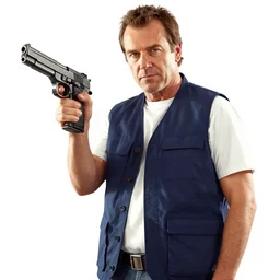 Kevin O'Leary in GTA V cover art holding a pistol