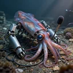 robotic squid, tangled in cables with a broken microphone