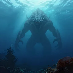 Deep under the sea with an enormous evil creature looming in the distance, digital art, trending on artstation,