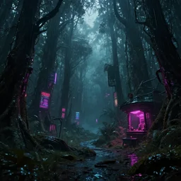 urbex by albrecht durer, darkacademia landscape evil biopunk forest tundra myst at dusk neon noir universe postcyberpunk cyberpunk neon signs dramatic lighting rainforest scumm bar atlantis, archdaily, wallpaper, highly detailed, trending on artstation.