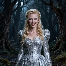 portrait of mischievous, baleful younger Cate Blanchett as Galadriel as a queen of fairies, dressed in a beautiful silver dress. The background is a dark, creepy eastern europen forrest.  night, horroristic shadows, high contrasts, lumnious, theatrical, character concept art by ruan jia, thomas kinkade, and J.Dickenson, trending on Artstation