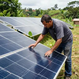 man working on solar panel in south america, cinestill 8 0 0 t