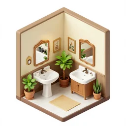 isometric indoor vintage bathroom in a cubic room with victorian pictures on walls and potted plants