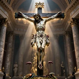 skull man with skin dripping and parasites as Jesus Christ on the cross in Vatican, dramatic lights, baroque, renaissance, quattrocento