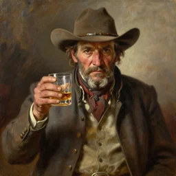 oil painting of old rugged cowboy with whiskey glass, art by anders zorn, wonderful masterpiece by greg rutkowski, beautiful cinematic light, american romanticism by greg manchess