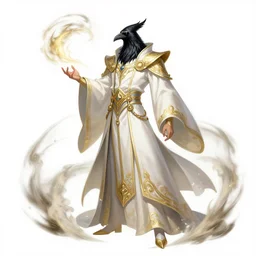 raven headed male warlock doing wind magic, white and gold robes, exquisite details, full body character design on a white background, by studio muti