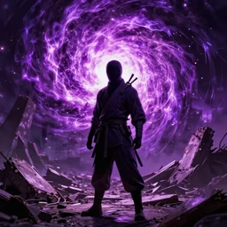 a single ninja standing in the ruins of crux prime, purple fiery maelstrom in the distance, digital art, artstationhq