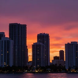 miami background by simon stalenhag, sunset, sharp focus, vivid color, dark lighting