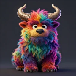 a highly detailed digital illustration of a multicolored furry monster with fuzzy horns, a character portrait by jim henson, concept art, character concept, behance contest winner, behance hd, vibrant, dark rainbow colored fur, deviantart colorful, centered, matte background