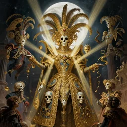 masterpiece, carnivale cinematic, powerful, moon beams dramatic light, highly, intricate gold elements, hollow souls, detailed, digital painting, artstation, concept art, sharp focus, illustration, art by artgerm and greg rutkowski and alphonse mucha, rembrandt