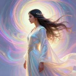 side profile, maya ali, wind sorcerer, dota 2, robes, elegant, highly detailed, concept art, smooth, sharp focus, luminescent, colorful swirly magic ripples, pastel colors, artstation, spiritual art, art by artgerm and greg rutkowski and alphonse mucha, psychedelic