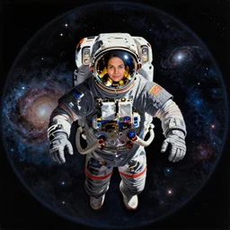 astronaut floating outside spaceship space station wearing black space suit and gold helmet, colourful, vibrant, minimalist, highly detailed, realistic, portrait, symmetrical, photorealistic, proportional, beauty, fish eye lens, nasa, spacex, galaxies, in the style of Edward hooper oil painting
