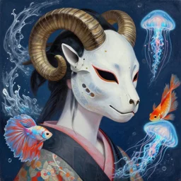 3 d goddess close - up profile portrait with ram skull. beautiful intricately detailed japanese crow kitsune mask and clasical japanese kimono. oil on wood. betta fish, jellyfish phoenix, bio luminescent, plasma, ice, water, wind, creature, artwork by tooth wu and wlop and beeple and greg rutkowski