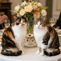 two calico cats and a tabby cat attend a fancy english tea party, flickr explore 5 0 mm