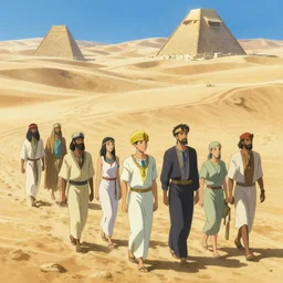 highly detailed illustration of people in ancient canaanite clothing walking in the deserts of ancient egypt by makoto shinkai, by oliver vernon, by joseph moncada, by damon soule, by manabu ikeda, by kyle hotz, by dan mumford, by otomo, 4 k resolution