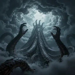 immense tentacles reaching from the sky opening up clouds like a portal, hp lovecraft, untold horror and nightmarish night, photorealistic, octane render