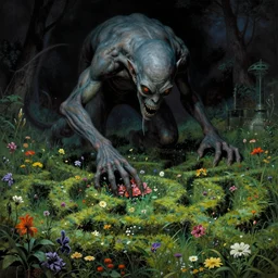 cthulhu devouring a meadow with flowers and hedge mazes. lovecraftian horror. highly detailed science fiction painting by norman rockwell, frank frazetta, and syd mead. rich colors, high contrast, gloomy atmosphere, dark background. trending on artstation