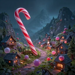 Candy Cane and bubblegum village in the mountains, Greg Rutkowski, Andreas Rocha, beeple, ArtStation, Deviantart, volumetric lighting, eerie, pbr, path tracing, unity render, wow