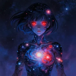 A realistic anime painting of a beautiful cosmic woman with glowing red eyes and cosmic skin wearing clothes made of universes, digital painting, by Stanley Artgerm Lau, Sakimichan, WLOP, Makoto Shinkai, Rossdraws, Pixivs, digital painting, trending on Pixiv, SFW version —H 1024