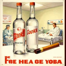 promotional poster for vodka and tobacco in the hospital, mid - twentieth century american style art