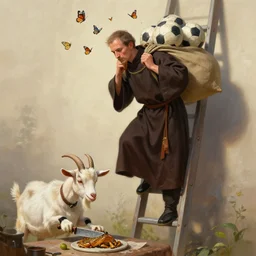 Digital painting of a priest climbs up a ladder with a sack of soccer balls on his back. Butterflies are swarming around his head. At the bottom of the ladder, a goat is preparing dinner, slicing a toad with a stone knife.