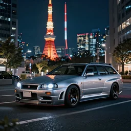 wideshot of a Nissan Skyline R34 GTR as a station wagon in tokyo at night, highly detailed, 4k photo, shot with sony alpha, unreal engine,